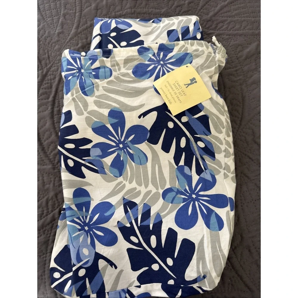 POTTERY BARN PB KIDS Full Flat Sheet Camouflage Blue Tropical Leaf Cotton NEW‎